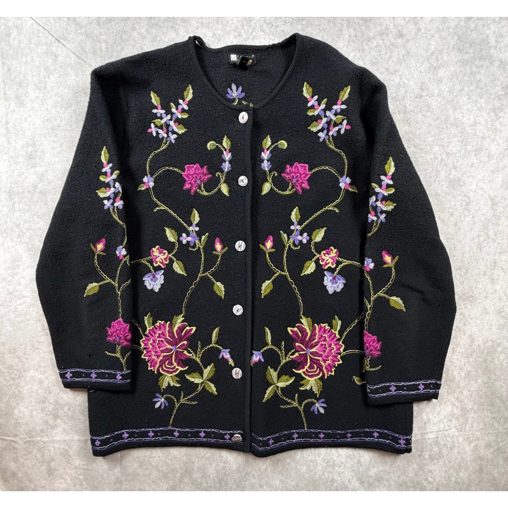 Carole Little Vintage Womens 2X Cardigan Sweater Wool Black Floral Embroidered
